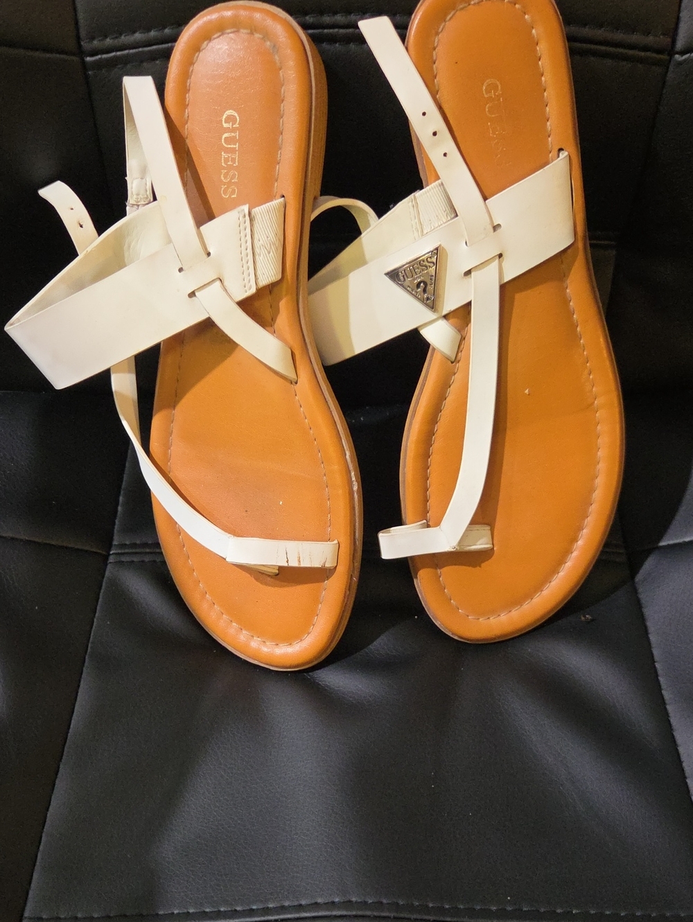 GUESS White Strappy Toe-Ring Sandals with Tan Footbed